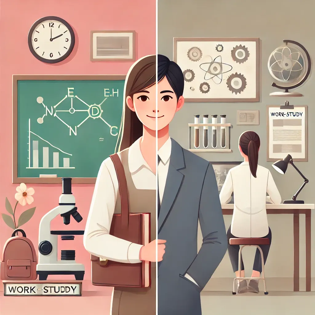 DALL·E 2024-10-26 16.59.16 - An illustration representing a work-study program_ a young student in professional attire is in a split setting, half in a classroom with a chalkboard.webp