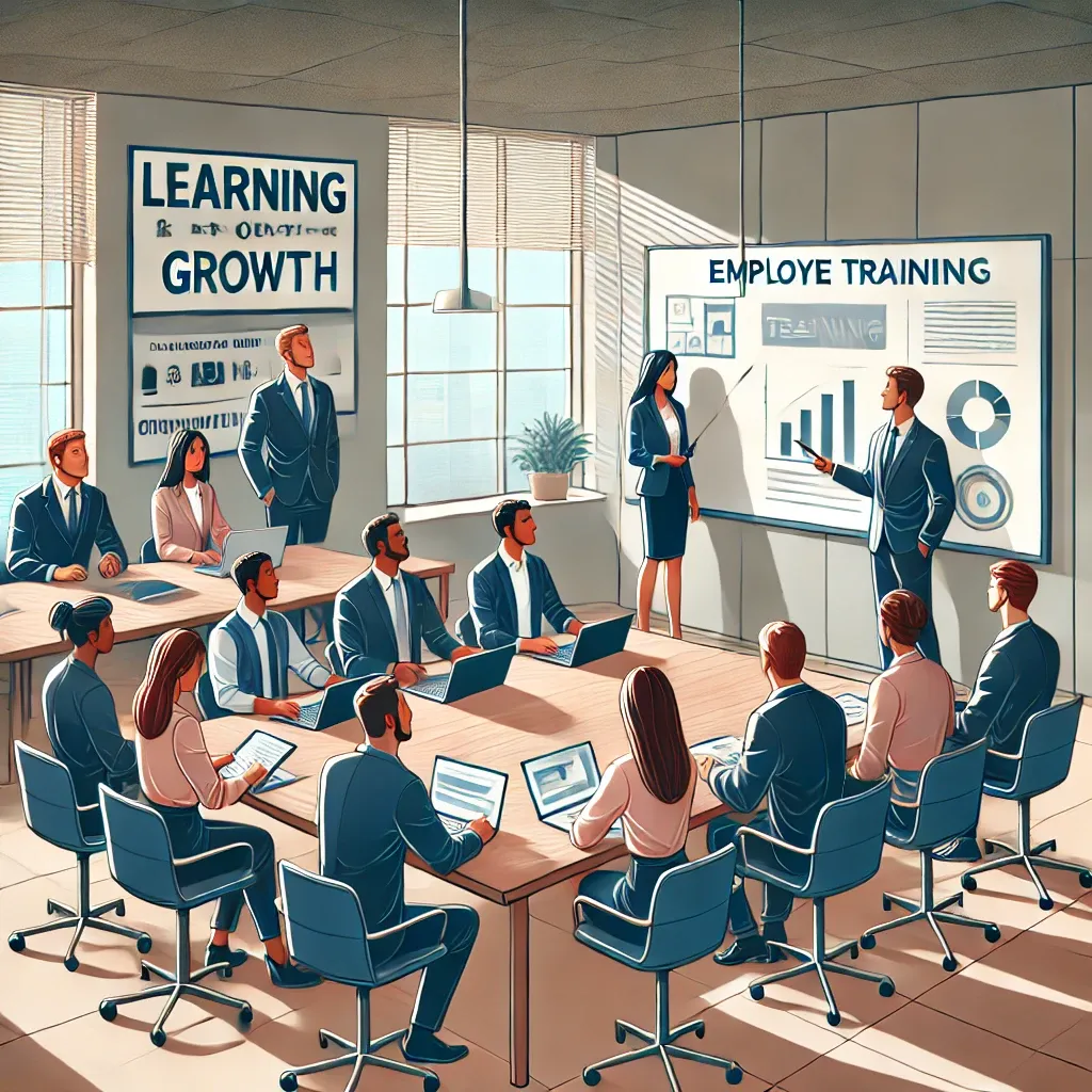 DALL·E 2024-10-26 18.46.08 - An illustration representing employee training in a modern workplace. The scene features a diverse group of employees engaged in a training session, s.webp