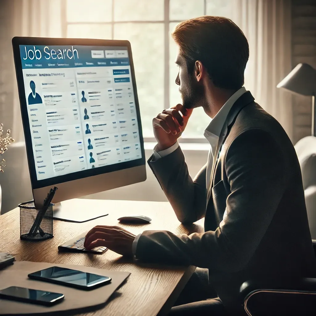 DALL·E 2024-10-30 14.32.24 - A professional employee sitting at a desk, browsing job listings on a computer screen. The individual appears thoughtful, wearing business casual atti.webp