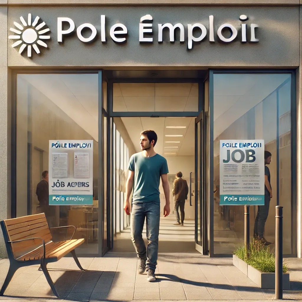 DALL·E 2024-10-31 18.26.38 - A realistic scene depicting a person entering a French employment agency, resembling Pôle Emploi, on a sunny day. The individual is casually dressed a.webp