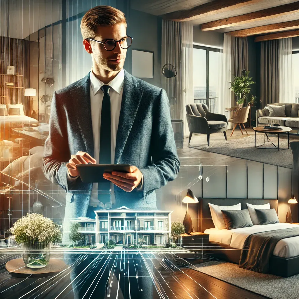DALL·E 2024-12-28 21.26.03 - A professional and dynamic depiction of a furnished vacation rental manager. The image features a well-dressed manager with a tablet or smartphone, re.webp