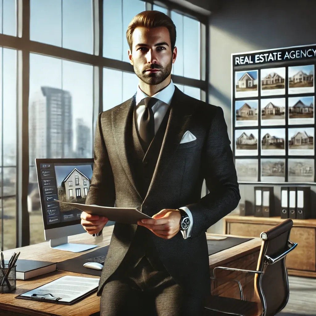 DALL·E 2024-12-28 21.26.52 - A professional and polished depiction of a real estate agency manager. The image shows a well-dressed individual in a modern office environment, holdi.webp