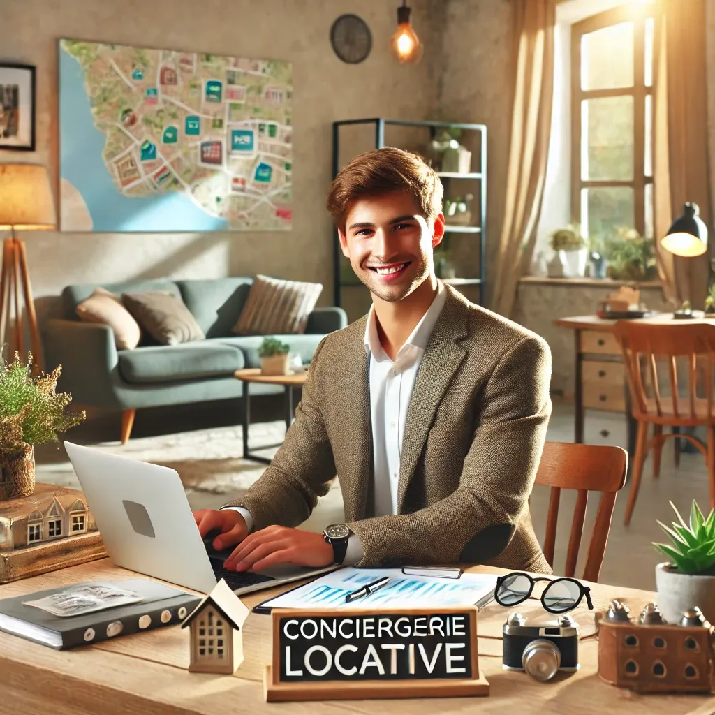 DALL·E 2025-02-13 15.24.41 - A young entrepreneur setting up a short-term rental management business (conciergerie locative). The image shows a confident person in a modern, cozy .webp