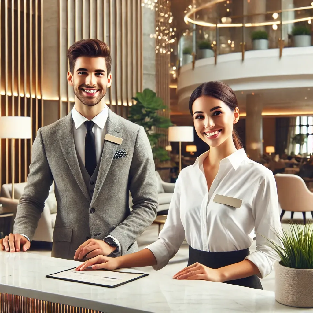 DALL·E 2025-02-13 18.23.11 - A hotel receptionist standing at a modern and elegant front desk in a bright, welcoming hotel lobby. The receptionist is smiling warmly while assistin.webp