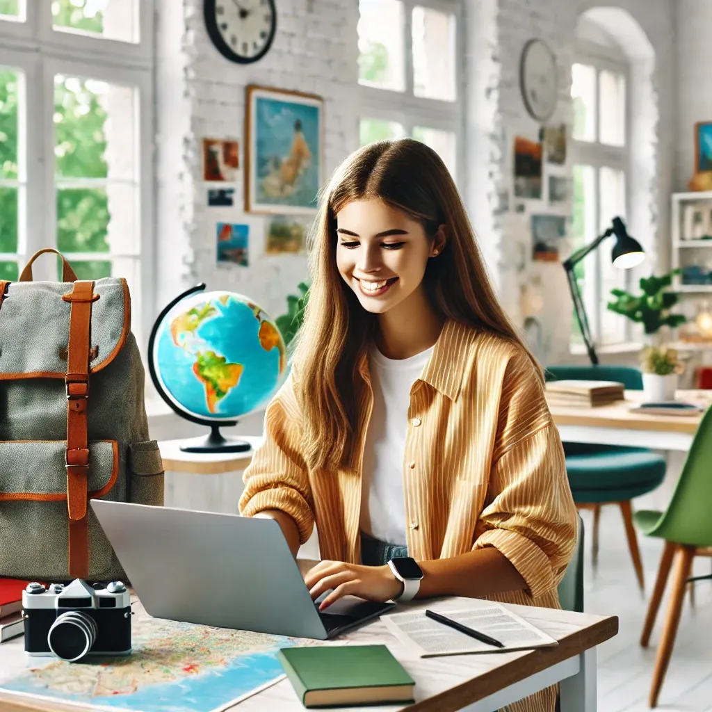 DALL·E 2025-02-14 12.54.49 - A young student in a BTS Tourism program, sitting in a bright and modern classroom or co-working space. The student is working on a laptop with travel.webp