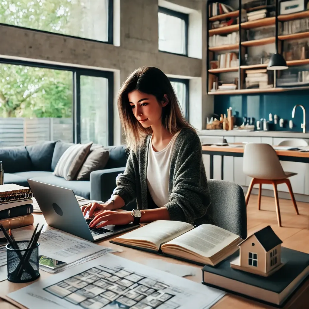 DALL·E 2025-02-15 12.59.01 - A young female student in a BTS Professions Immobilières program, studying at home in a cozy, modern environment. She is sitting at a desk with a lapt.webp