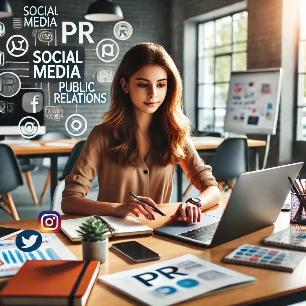 DALL·E 2025-02-16 15.49.59 - A young female student studying how to manage social media and public relations in a modern, creative workspace. She is sitting at a desk with a lapto.webp
