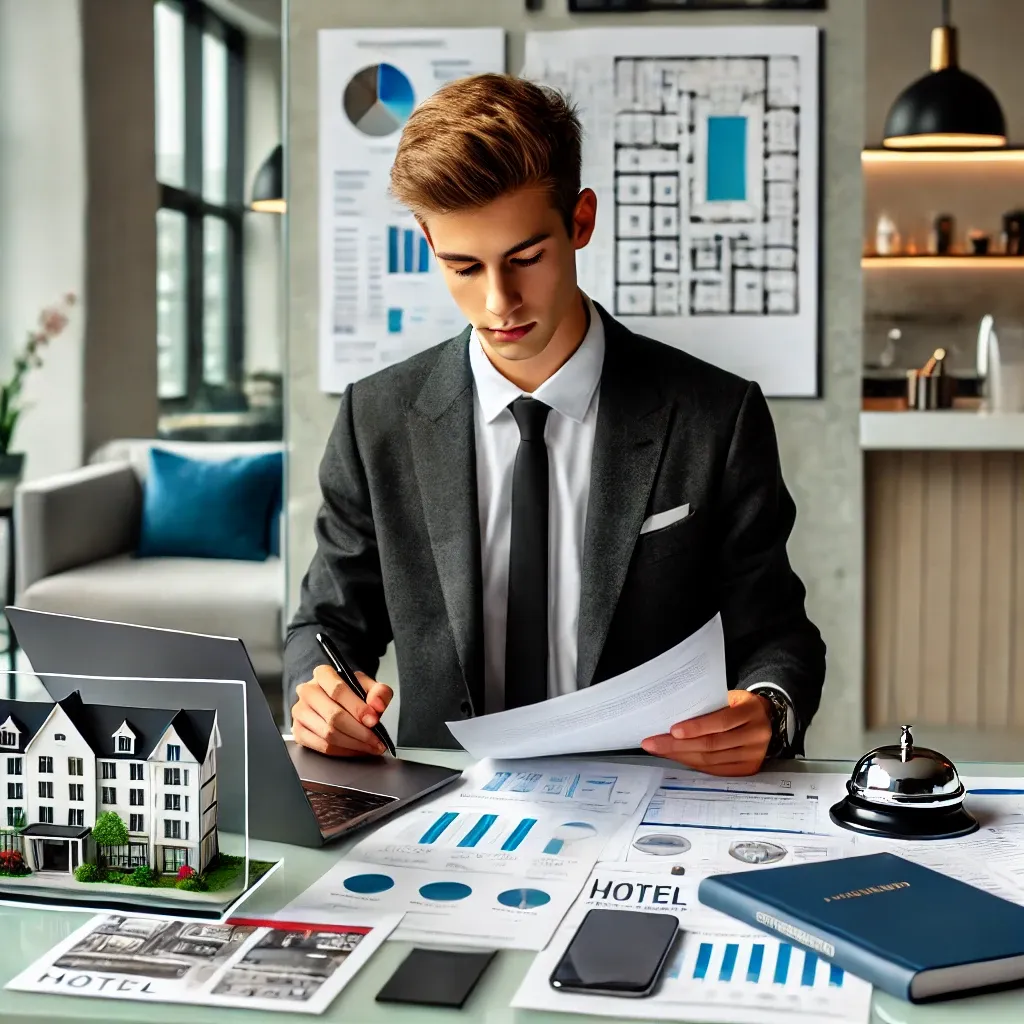 DALL·E 2025-02-17 12.45.04 - A young male student in a Bachelor of Hotel and Real Estate Management program. He is sitting in a modern and professional environment, working on a l.webp