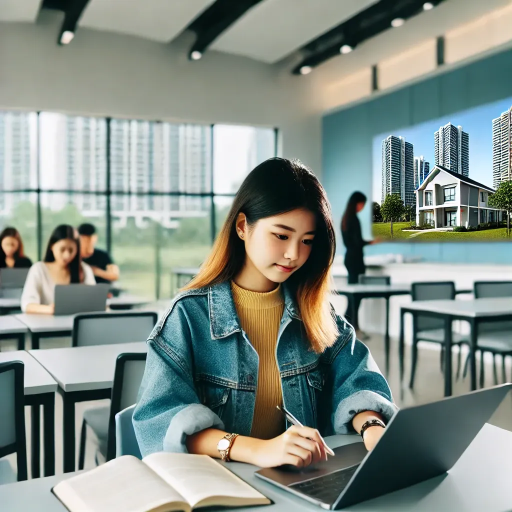 DALL·E 2025-02-21 13.50.16 - A young Asian female student sitting in a modern and well-lit classroom. She is focused on learning, working on a laptop or writing in a notebook. In .webp