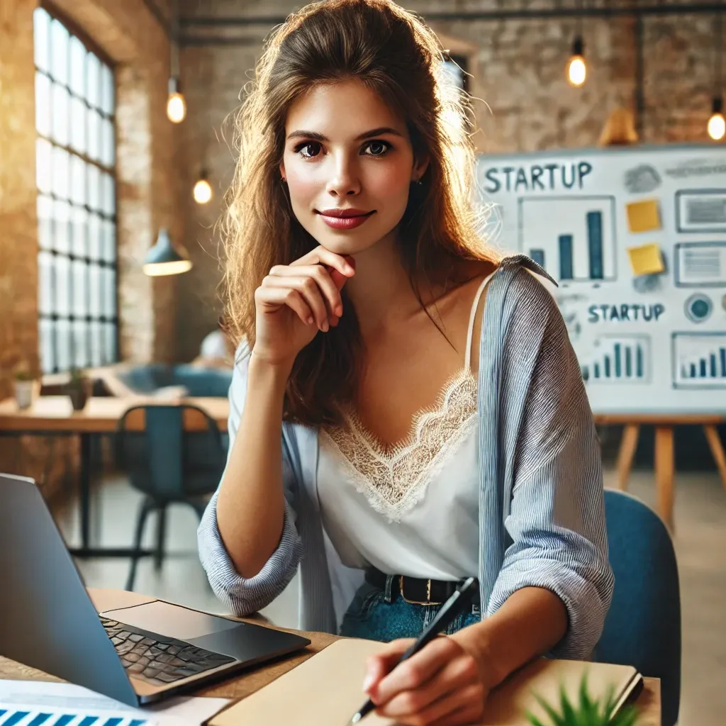 DALL·E 2025-02-22 11.45.04 - A young woman with a natural, everyday look in a modern coworking space, learning how to start a business. She sits at a desk with a laptop, taking no.webp
