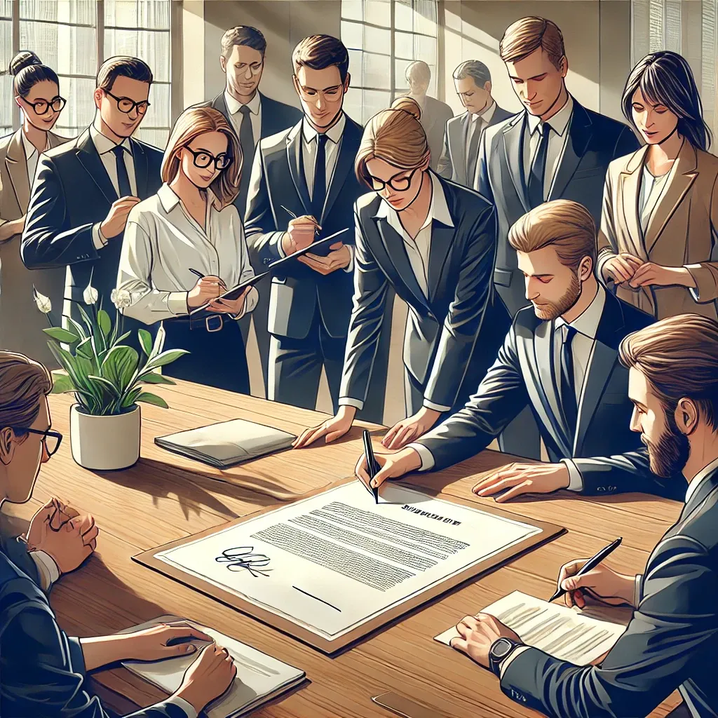 DALL·E 2025-02-25 15.26.02 - Une illustration réaliste et professionnelle représentant la signature d’une charte d’engagement, sans aucun texte ni lettres visibles. La scène montr.webp