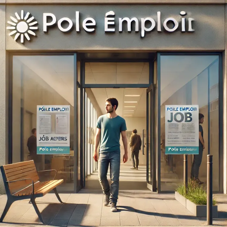 DALL·E 2024-10-31 18.26.38 - A realistic scene depicting a person entering a French employment agency, resembling Pôle Emploi, on a sunny day. The individual is casually dressed a.webp