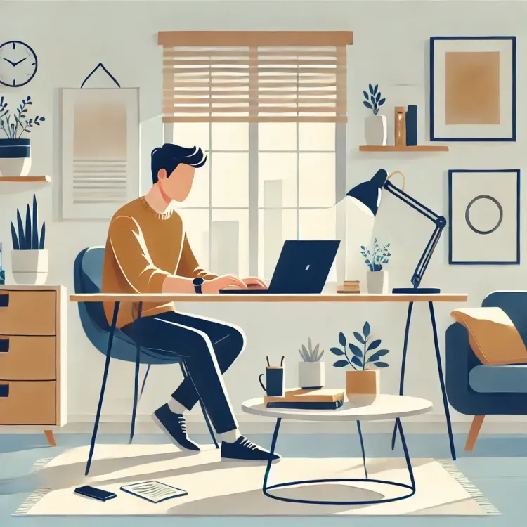 DALL·E 2024-11-05 13.45.08 - A modern illustration of a micro-entrepreneur working independently in a cozy, minimalist office setting. The person is sitting at a desk with a lapto.webp