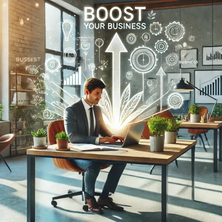 DALL·E 2025-02-13 16.25.25 - A person in a modern office, determined to boost their business. The individual is sitting at a desk with a laptop and planning documents, surrounded .webp