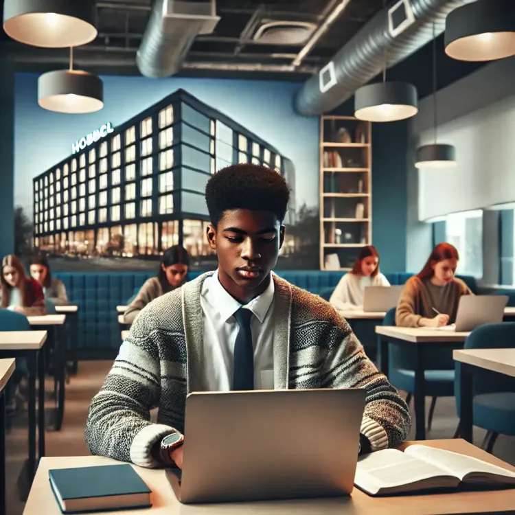 DALL·E 2025-02-21 12.01.29 - A young Black or mixed-race male student sitting in a modern and well-lit classroom. He is focused on learning, working on a laptop or taking notes in.webp