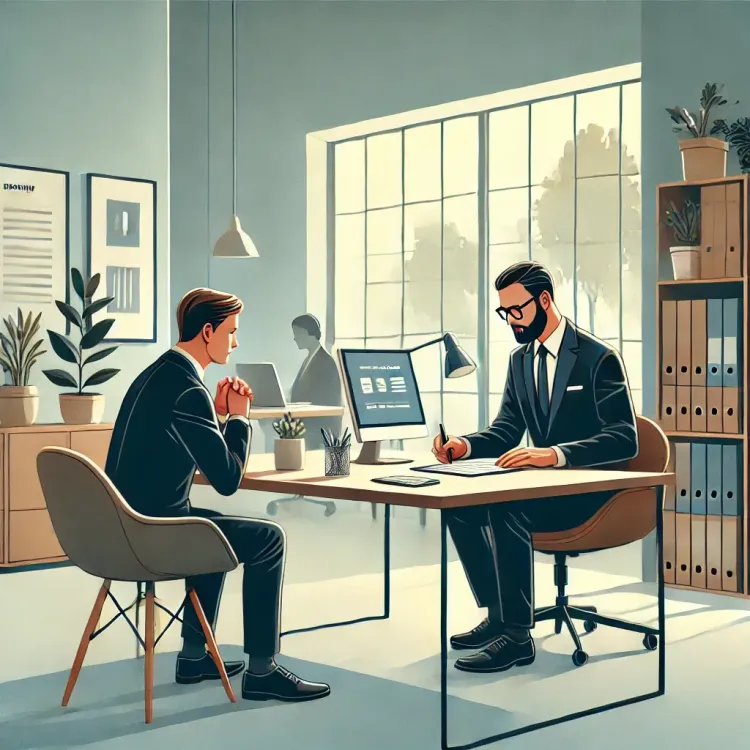 DALL·E 2025-02-25 15.30.59 - Une illustration réaliste et professionnelle dans le même style que la précédente, représentant un entretien d’embauche. La scène montre un candidat e.webp